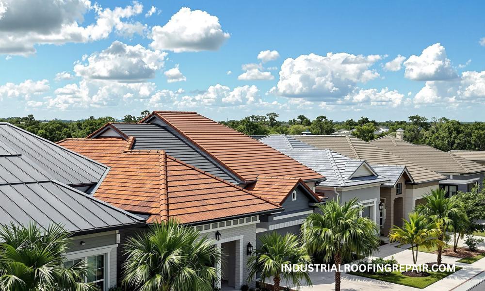 Various roof types — metal, clay tile, slate, and cool shingles — displayed under bright Houston sunlight for material comparison