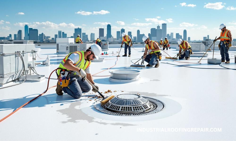 Roofing technicians inspecting and sealing flat commercial roof in Houston under bright sun with HVAC units in background