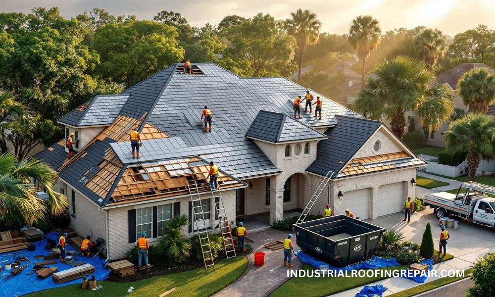 Roofing crew replacing old shingles with metal roofing on a Houston home after storm damage