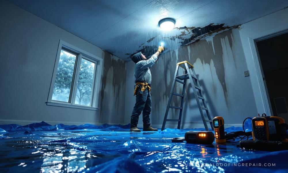 Repair crew restoring water-damaged home using drying equipment while homeowner reviews insurance documents