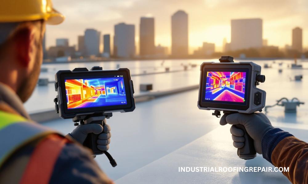 Roof inspector using infrared camera to detect moisture on a Houston commercial roof with city skyline in background