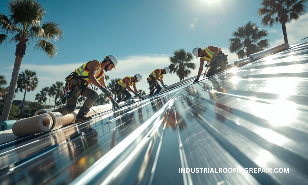 Roofing team installing reflective metal panels on a Houston home under bright sun to improve energy efficiency