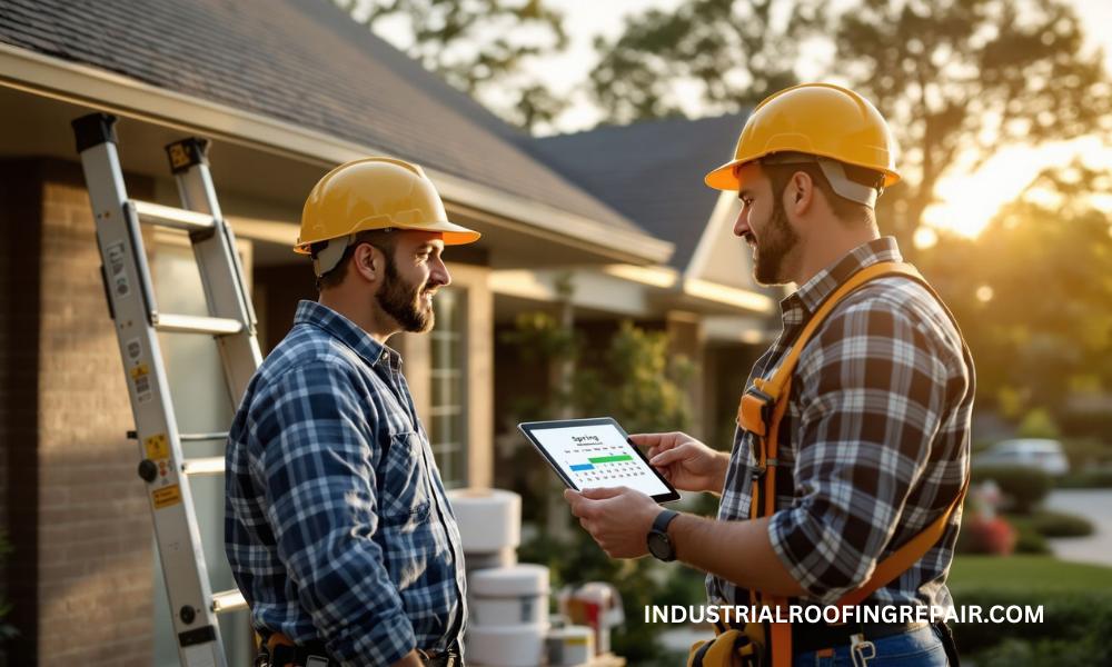 Houston homeowner consulting with a roofing contractor about the best season for roof replacement while reviewing schedules and weather charts.