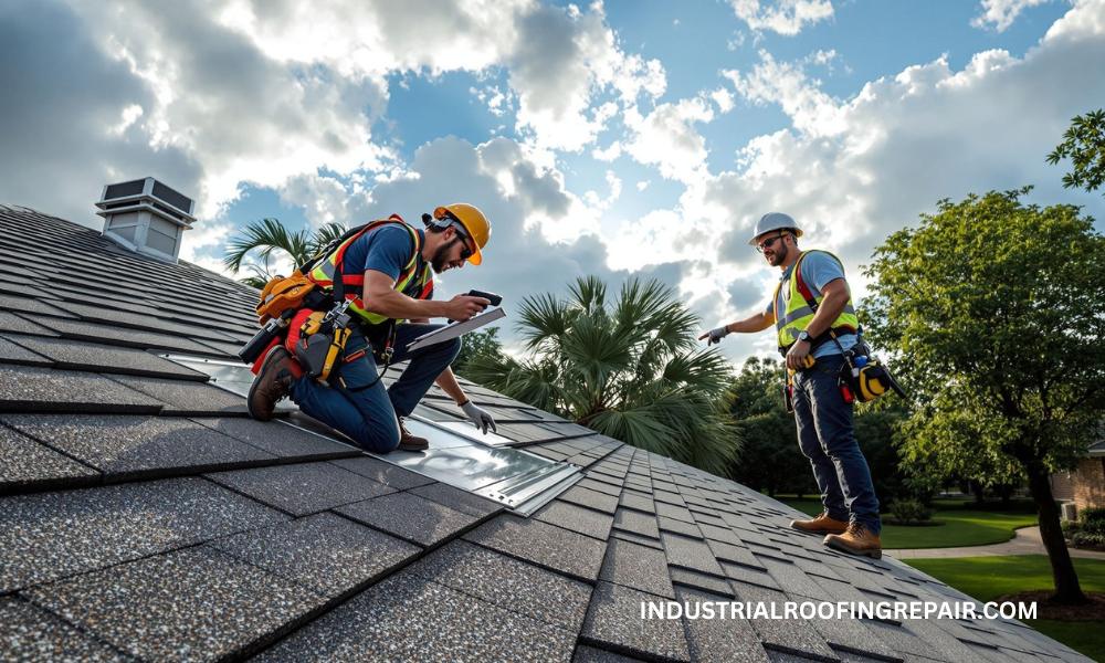 Roof inspector checking shingles and flashing on Houston home before hurricane season with safety gear