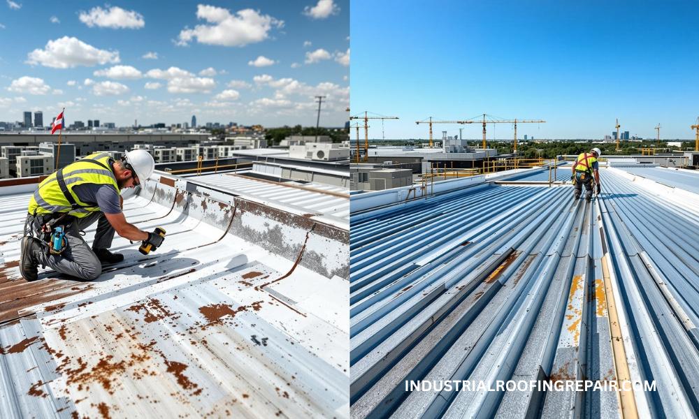 Visual comparison of R-panel metal roof repair and full replacement on a Houston commercial building.