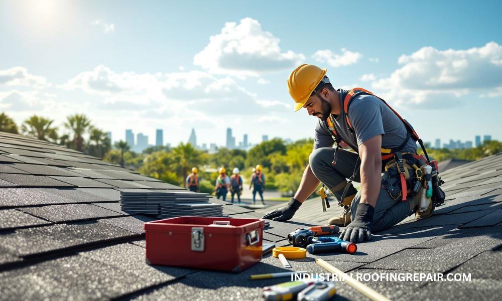 Professional roofer replacing damaged shingles on a Houston home under bright sun