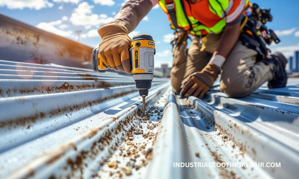 Roofing contractor inspecting R-panel fasteners and checking for rust or leaks on a Houston metal roof.
