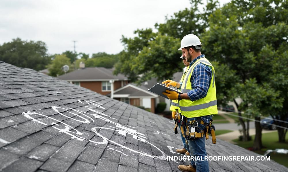 Houston roofing contractor and insurance adjuster reviewing roof damage together during insurance claim inspection