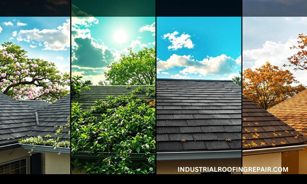 Visual comparison showing spring, summer, fall, and winter weather over Houston rooftops, highlighting how each season affects roofing conditions.