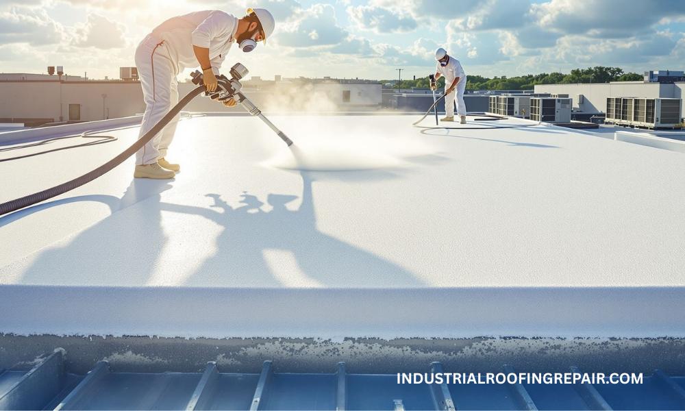 Roofing technicians applying spray polyurethane foam insulation on a Houston commercial building for energy-efficient roofing