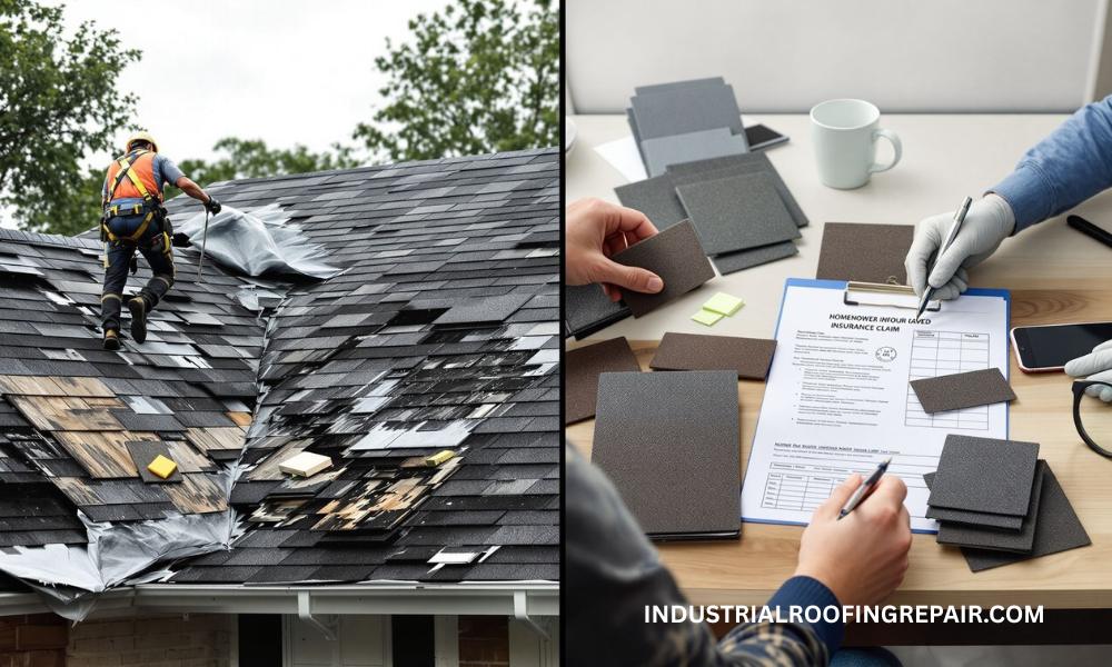 Split scene showing storm repair under insurance claim and contractor checking roof materials under warranty coverage in Houston