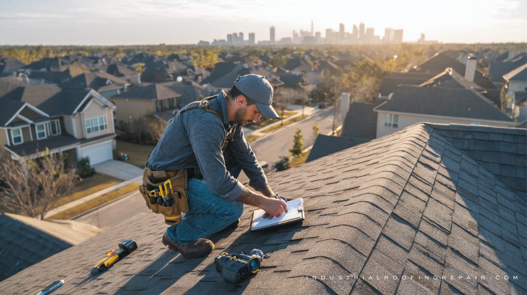 A roofing contractor inspecting a suburban Houston home in the summer